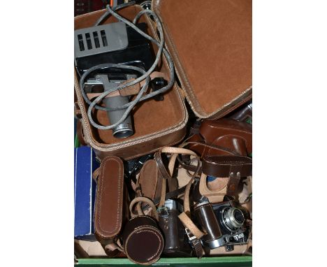 A BOX CONTAINING VINTAGE FILM CAMERAS including a Zeiss Ikon Super-Ikonta 531/2, a Leitz Slide Projector, a Minolta AL, a Voi