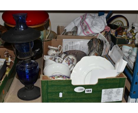 TWO BOXES AND LOOSE CERAMICS, OIL LAMPS AND SUNDRY ITEMS, to include two oil lamps, one having a blue pressed glass reservoir