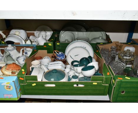 FIVE BOXES OF CERAMICS AND GLASSWARE, to include a quantity of Denby stoneware Greenwheat dinner ware, Spode 'Flemish Green' 