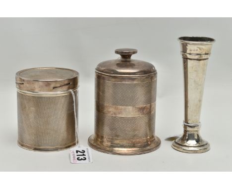 THREE PIECES OF 20TH CENTURY SILVER, comprising a George V cylindrical table cigarette box with screw down cover, engine turn