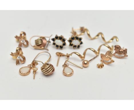 SIX PAIRS OF EARRINGS, to include a pair of knot earrings with fish hook fittings, a pair of bow stud earrings, a pair of clu