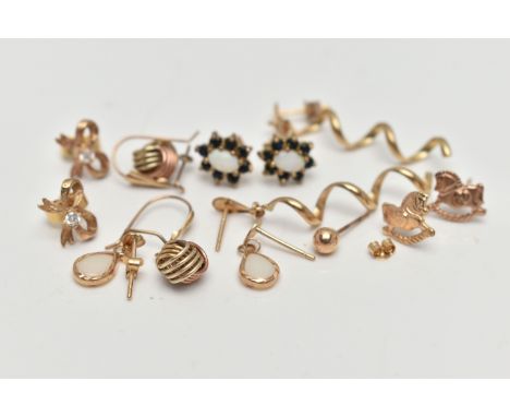 SIX PAIRS OF EARRINGS, to include a pair of knot earrings with fish hook fittings, a pair of bow stud earrings, a pair of clu