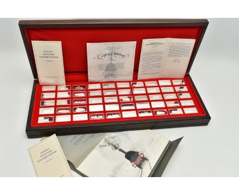 A WOODEN CASED SET OF FIFTY JOHN PINCHES LIMITED GREAT BRITISH LOCOMOTIVES SILVER PROOF INGOTS, each engraved with a titled l