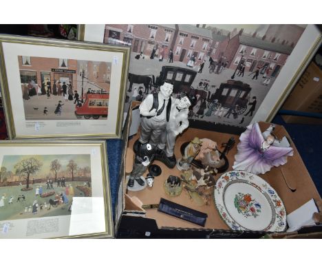 A BOX AND LOOSE CERAMICS, PICTURES AND SUNDRY ITEMS, to include a Royal Doulton Isadora HN2938 figurine height 20cm, a Countr