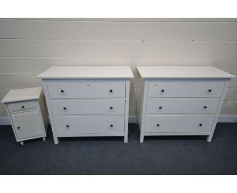 A PAIR OF WHITE FINISH IKEA CHEST OF THREE LONG DRAWERS, with black handles, width 110cm x depth 51cm x height 97cm, and a ma