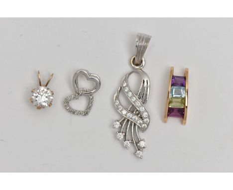 FOUR PENDANTS, to include a yellow metal curved pendant set with peridot, amethyst, topaz, hallmarked 14ct Birmingham, approx