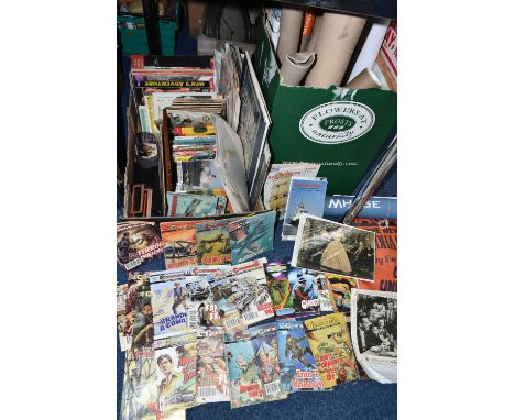 TWO BOXES OF EPHEMERA AND POSTERS, to include thirty two vintage Commando magazines, fourteen 1990's Sea Breezes magazines, a