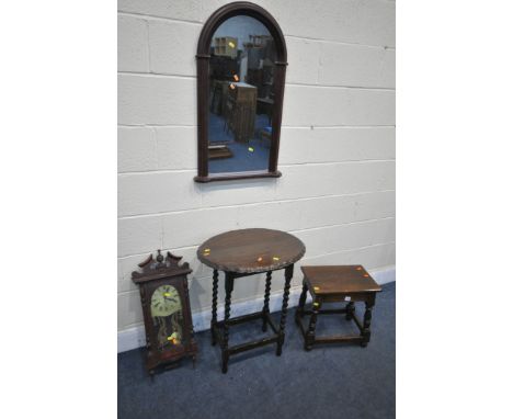 A 20TH CENTURY STAINED OAK JOINT STOOL, width 42cm x depth 29cm x height 45cm, an oak oval barley twist occasional table, a m