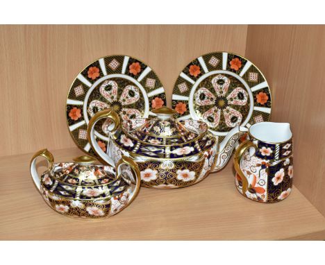 A GROUP OF ROYAL CROWN DERBY IMARI TEAWARES, comprising a 2451 pattern teapot, cream jug and covered sugar bowl, together wit