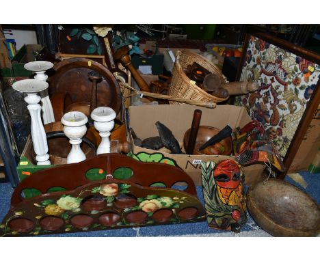 THREE BOXES AND LOOSE WOODEN ITEMS, including a wooden fire screen, wicker carpet beater, assorted bowls, rolling pins, barom