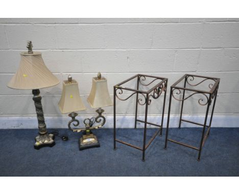 A PAIR OF METAL FRAMED PLANT STANDS, with glass inserts, 45cm x depth 30cm x height 60cm, along with an Uttermost foliate sta