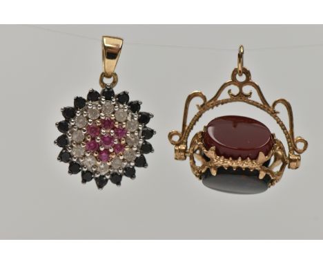 TWO 9CT GOLD GEM SET PENDANTS, the first a swivel pendant set with carnelian, bloodstone and onyx inlays, to a scrolling surm