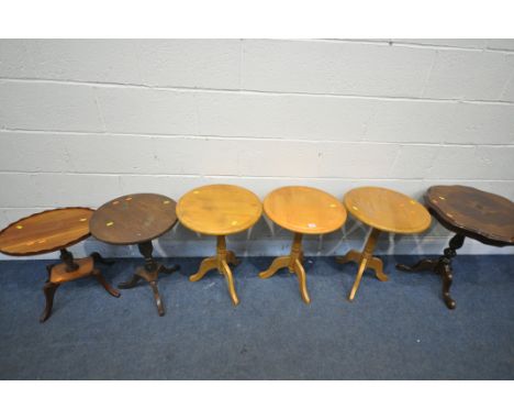 THREE BEECH CIRCULAR TRIPOD TABLES, 44cm x height 59cm, an Italian style wine table, an oak tripod table, and a yew wood oval