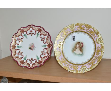 TWO CABINET PLATES, comprising a Dresden style cabinet plate painted with a bust of a woman, indistinctly signed, inside a pi