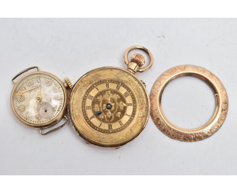 A 9CT GOLD WATCH HEAD, DOUBLE SIDED PHOTO LOCKET AND A YELLOW METAL LADYS POCKET WATCH, to include a lady's 9ct gold AF 'Accu
