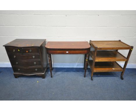 A GEORGIAN WALNUT FOLD OVER CARD TABLE, on turned legs width 91cm, depth x 43cm, height 76cm, along with a mahogany serpentin