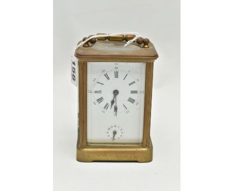 A FRENCH BRASS CARRIAGE ALARM CLOCK, key wound clock, Roman and Arabic numerals, subsidiary seconds dial with Arabic numerals