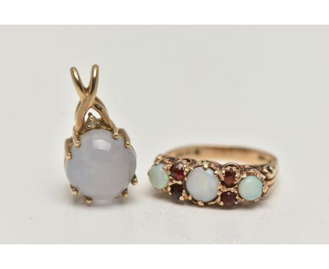 A 9CT GOLD OPAL AND GARNET RING AND A CHALCEDONY PENDANT,  the ring set with three opal cabochons, interspaced with four circ