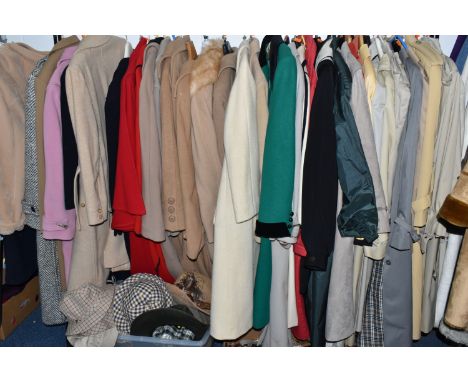 ONE RAIL OF THIRTY SEVEN LADIES WOOLLEN COATS, TRENCH COATS AND HATS, to include thirteen assorted coloured trench coats, mak