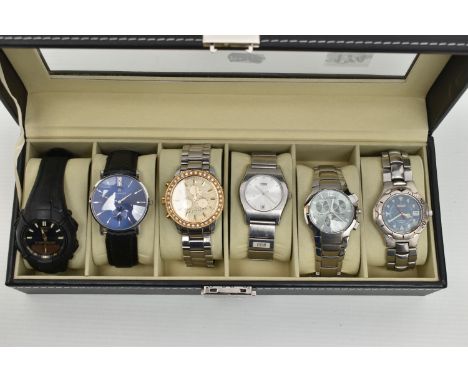 A WATCH DISPLAY CASE WITH SIX WRISTWATCHES, to include a 'Casio HD' fitted with a black rubber strap, an 'Accurist 7174', fit