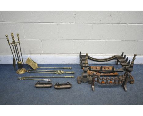 A BRASS FIVE PIECE COMPANION SET, along with a various other fire irons, fire grate and andirons, etc (condition:-grate cut t