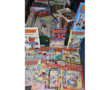 TWO BOXES OF BOOKS AND COMICS, to include hundreds of Dandy and Beano comics from the late 1990s and early 2000s, a small num
