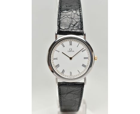 AN 'OMEGA' QUARTZ WRISTWATCH, round white dial signed 'Omega', Roman numerals, gold tone hands, in a stainless steel case, go