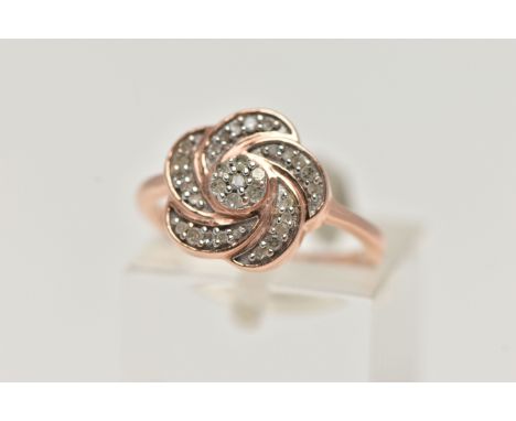 A 9CT ROSE GOLD DIAMOND FLOWER RING, flower set with single cut diamonds, to a polished band, hallmarked 9ct Birmingham, ring