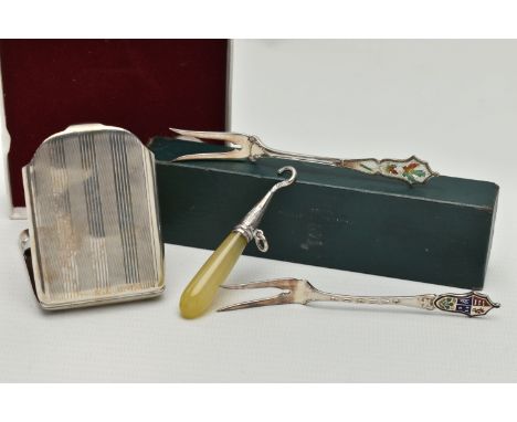 A GEORGE V SILVER MATCHBOOK CASE, TWO CANADIAN STERLING SILVER AND ENAMEL BUTTER FORKS AND A LATE VICTORIAN AGATE HANDLED SIL