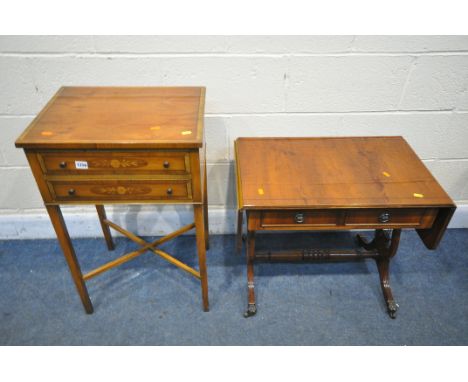 A YEWWOOD SIDE TABLE, with two drawers, width 49cm x depth 38cm x height 77cm, along with a yew wood sofa table with two draw