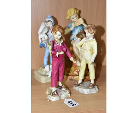 FOUR ROYAL WORCESTER FIGURES OF CHILDREN, comprising two versions of The Parakeet 3087 (the figure in pink has been broken an