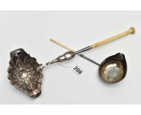 TWO 19TH CENTURY WHITE METAL PUNCH LADLES ON BONE HANDLES, one inset with a George II sixpence, on a short handle which is a 