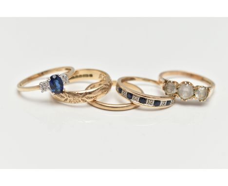 FIVE RINGS, to include a polished band hallmarked 9ct, ring size M 1/2, a textured wide band hallmarked 9ct, ring size M 1/2,