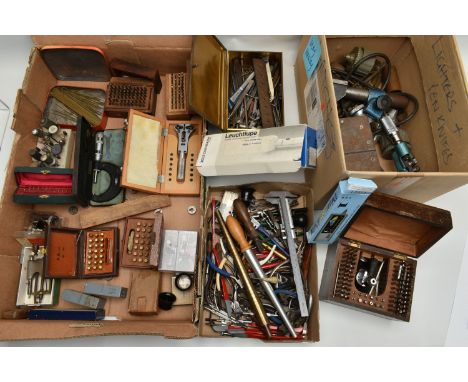 A BOX OF ASSORTED WATCH MAKING TOOLS AND EQUPIMENT, to include an electrical 'Eclipse' Demagnestiser with lathes, cleaning an