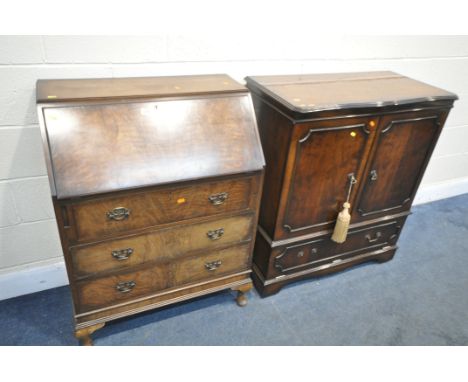 A MAHOGANY BUREAU with a fitted interior, three drawers, on cabriole legs, width 76cm x depth 44cm x height 104cm, and a yew 