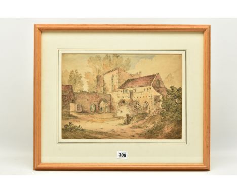 ATTRIBUTED TO JAMES BOURNE (1773-1854), 'VALLE CRUCIS ABBEY', a Welsh landscape near Llangollen, attribution to label verso, 