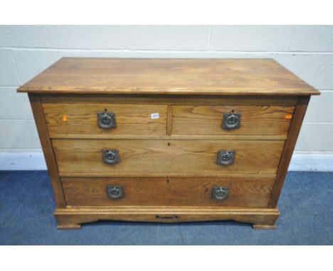 AN ARTS AND CRAFTS SOLID OAK CHEST OF TWO SHORT OVER TWO LONG DRAWERS, on bracket feet, width 122cm x depth 53cm x height 82c