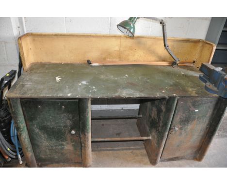 A LARGE METAL WORKBENCH with two under cupboards, angle poise style lamp and a large Record 24 vice attached, measuring width