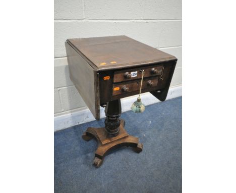 A VICTORIAN MAHOGANY DROP LEAF SOFA TABLE, with two drawers, open width 88cm x depth 42cm x depth 49cm x height 77cm (conditi