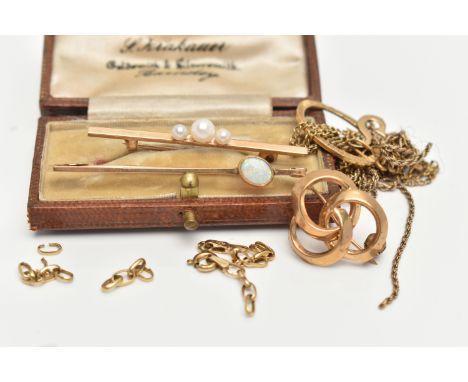 THREE BROOCHES AND TWO PENDANTS WITH CHAINS, to include a polished bar brooch set with three cultured pearls, hallmarked 9ct 