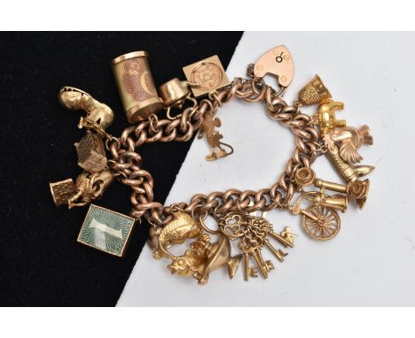 A 9CT GOLD CHARM BRACELET, curb link bracelet each hollow link stamped 9c, fitted with nineteen charms in forms to include a 