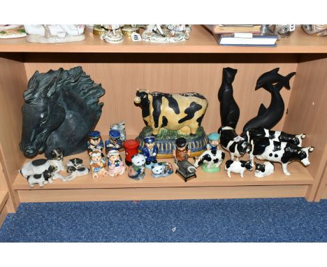 A COLLECTION OF ANIMAL FIGURES AND NOVELTY SALT AND PEPPER POTS, to include an Austin Sculptures verdigris effect plaster mod