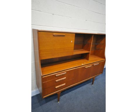 A MID CENTURY TEAK HIGHBOARD, with an arrangement of drawers and shelves, width 183cm x depth 43cm x height 148cm (condition: