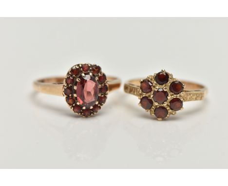 TWO 9CT GOLD GARNET RINGS, the first a flower cluster, hallmarked 9ct Birmingham, ring size K, the second an oval cluster, ha