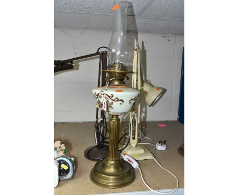 A COLLECTION OF LAMPS, comprising a Victorian oil lamp, height 63cm to top of chimney, a cream coloured Anglepoise lamp, two 