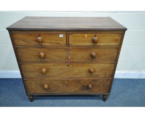 A GEORGIAN MAHOGANY CHEST OF TWO SHORT OVER THREE LONG DRAWERS, with turned handles and feet, width 109cm x depth 54cm x heig
