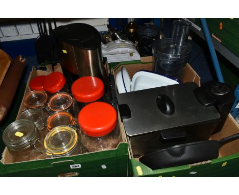 THREE BOXES AND LOOSE KITCHEN WARES, to include a Russell Hobbs 10799 coffee maker, eight Kilner jars and a pack of seals, en
