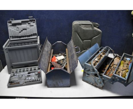 THREE TOOLBOXES CONTAINING TOOLS, to include two metal cantilever toolboxes containing spanners, files, screwdrivers, etc, al