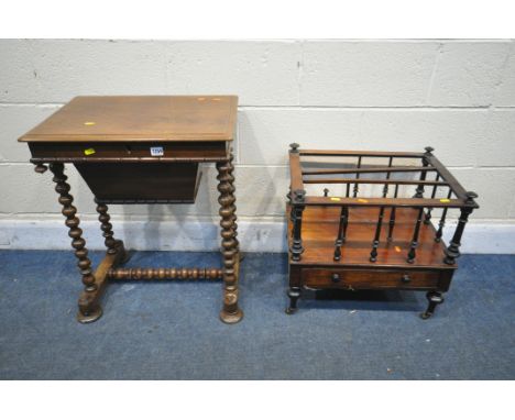 A VICTORIAN MAHOGANY SEWING TABLE, with a fitted interior, on bobbin turned supports, united by a single stretcher, width 55c