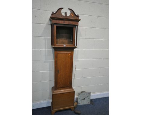 A GEORGIAN AND LATER OAK AND MAHOGANY 30 HOUR LONGCASE CLOCK, the hood with fluted pillars, square door enclosing a painted 1